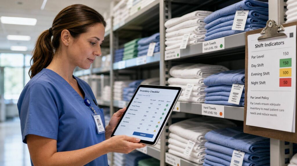 Enfermeira conferindo checklists de lençóis em sala de suprimentos hospitalares