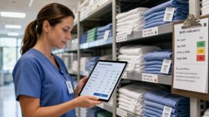 Enfermeira conferindo checklists de lençóis em sala de suprimentos hospitalares