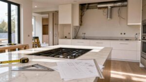 Reforma de cozinha moderna com cooktop e ferramentas de medição