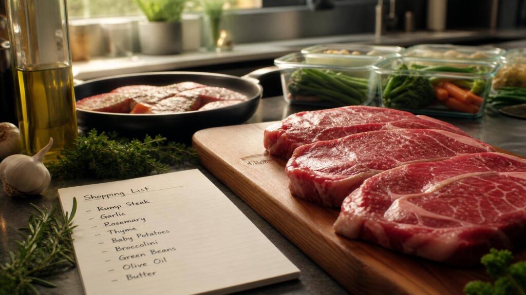 Bancada de cozinha com contra-filé fresco e lista de compras manuscrita