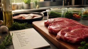 Bancada de cozinha com contra-filé fresco e lista de compras manuscrita