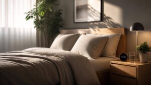 Quarto moderno e acolhedor com cama de casal bem arrumada e luz natural suave