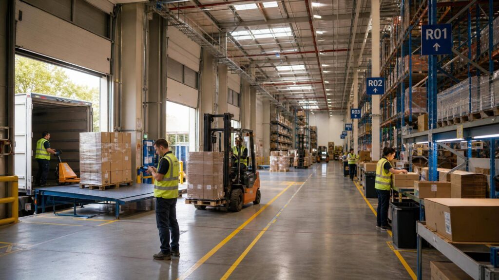 Operadores de empilhadeira e equipe organizando estoque em armazém moderno
