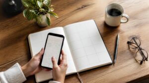 Mesa de trabalho vista de cima com planner semanal aberto, smartphone exibindo mapa, caneta, óculos e xícara de café.