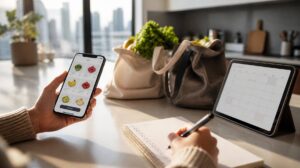 Mãos segurando smartphone com app de compras e anotando lista em papel na bancada de uma cozinha urbana moderna